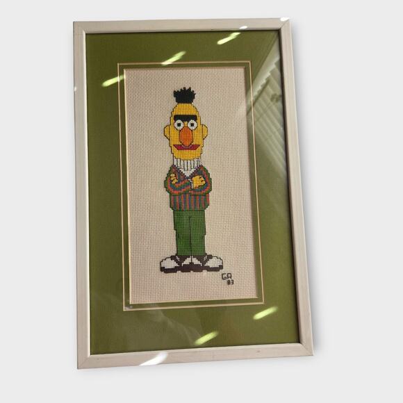 Vintage 1983 Bert Sesame Street Framed Cross-Stitch Art Green Matte - Picture 1 of 4